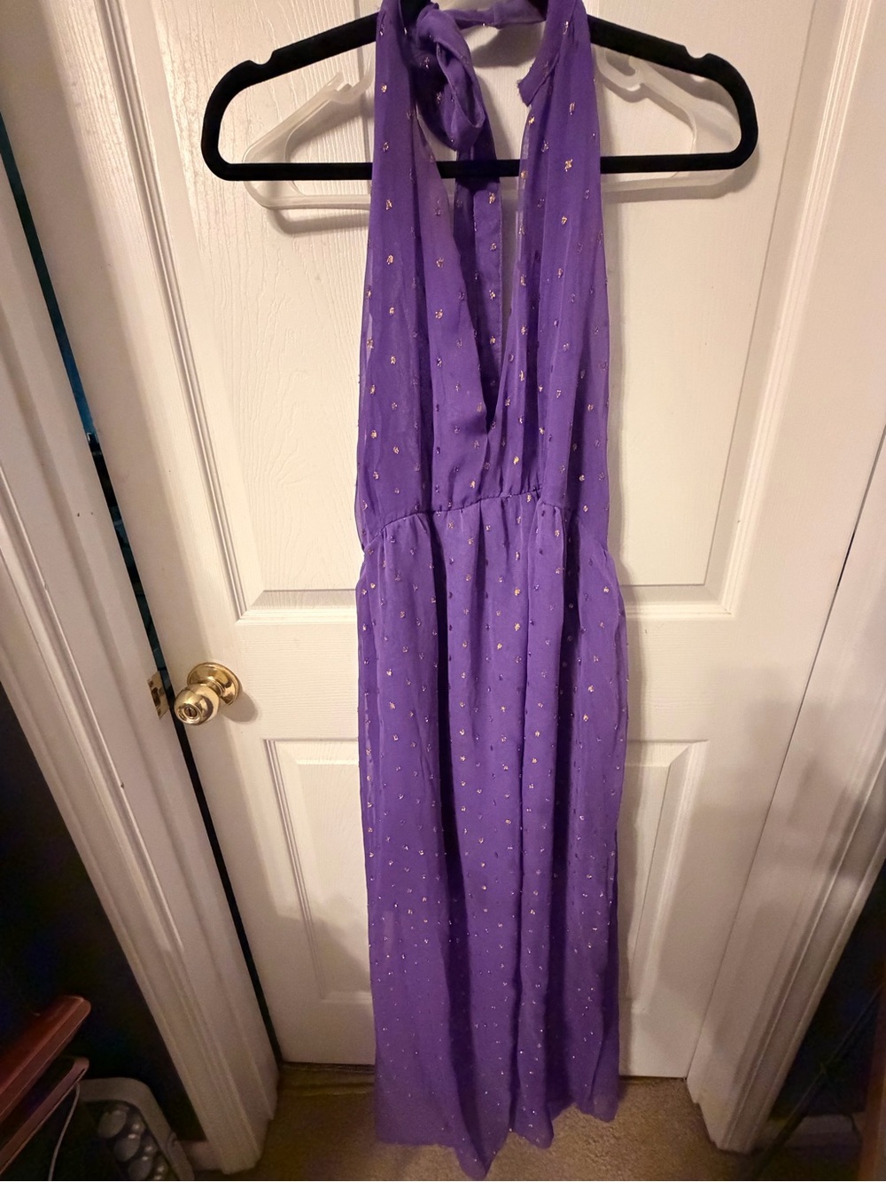 XL celandine Purple Halter Maxi Dress by Islandine with Metallic Dot Accents
